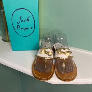 Jack Rogers White Gold Sandals 8 Leather Thong Preppy Resort Wedding Coastal